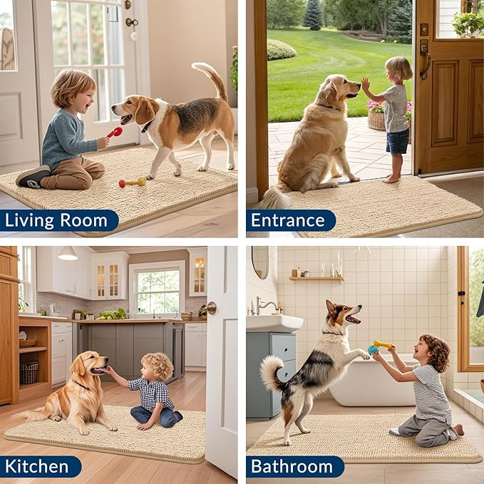 Smiry Dog Door Mat for Muddy Paws 36x24, Absorbs Moisture and Dirt Doormat, Non-Slip Washable Quick Dry Chenille Front Door Mat Indoor Entrance, Entryway Carpet for Inside Floor, Beige