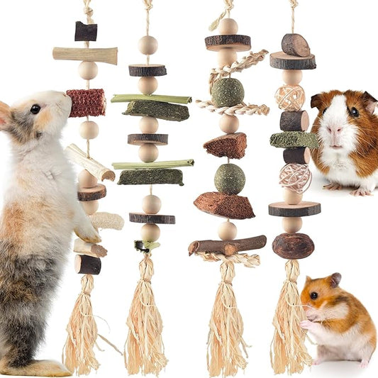 4 Pcs Bunny Chew Toys for Teeth, Hanging Rabbit Chewing Toy Treats with Timothy Grass & Natural Apple Wood, Improve Small Rodent Dental Health for Guinea Pig Hamster Chinchilla Rat Gerbil