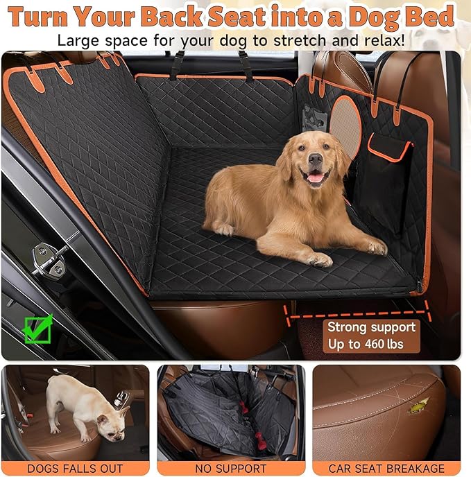 Dog Car Seat Cover for Back Seat, Hard Bottom Back Seat Extender for Dogs, Holds 420lbs, Waterproof Pet Hammock Protector, Thick and Durable Dog Seat Cover for Truck, Car, SUV-Black