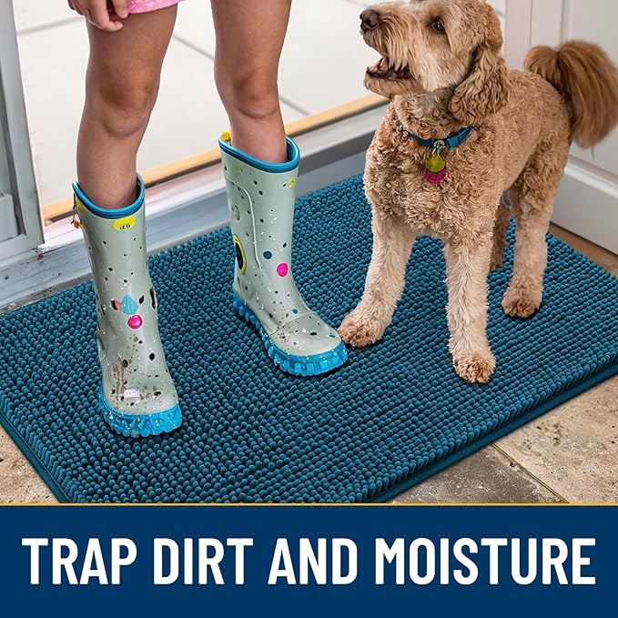 Smiry Dog Door Mat for Muddy Paws 48x30, Absorbs Moisture and Dirt Doormat, Non-Slip Washable Quick Dry Chenille Front Door Mat Indoor Entrance, Entryway Carpet for Inside Floor, Atlantic Blue