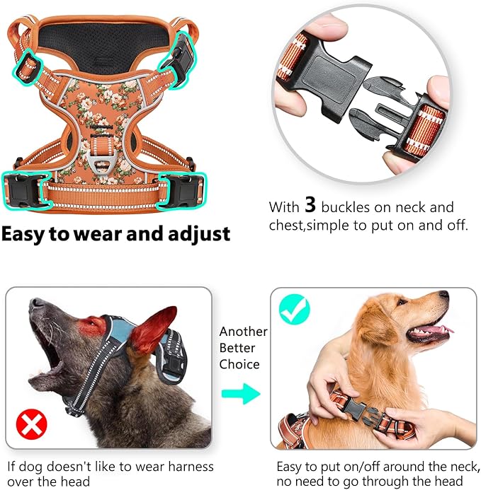 Timos Dog Harness for Medium Dogs, No Pull Service Vest with Reflective Strips and Control Handle,No Choke Dog Harness with 2 Metal Rings for Easy Walking,Outdoor Training,Flower Orange, M