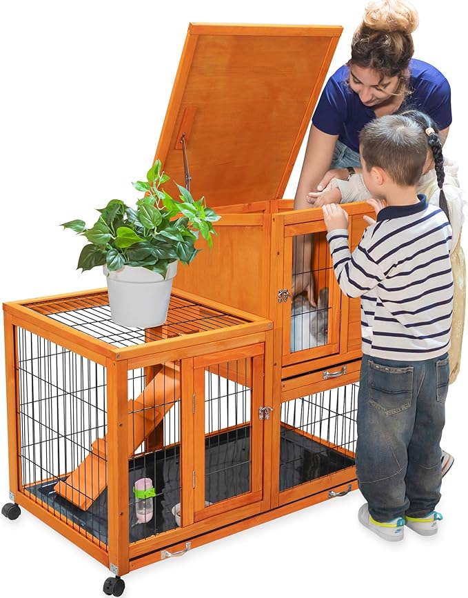 Indoor Rabbit Hutch Outdoor Bunny Hutch with Wheels, 2 Pull-Out Trays, Waterproof Openable Roof, 39" L Large 2-Level Wooden Rabbit Cage Small Animal Enclosure, Orange