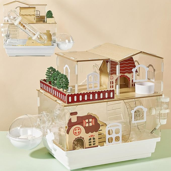 12 in 1 Clear Acrylic Hamster Cage with All Accessories,13.5''L* 10''W* 15''H Dwarf Hamster Cage,Magnetic Connection Small Hamster Enclosure,Garden Style Wooden Mouse Cage for Pet Mice(2-Layer,White)