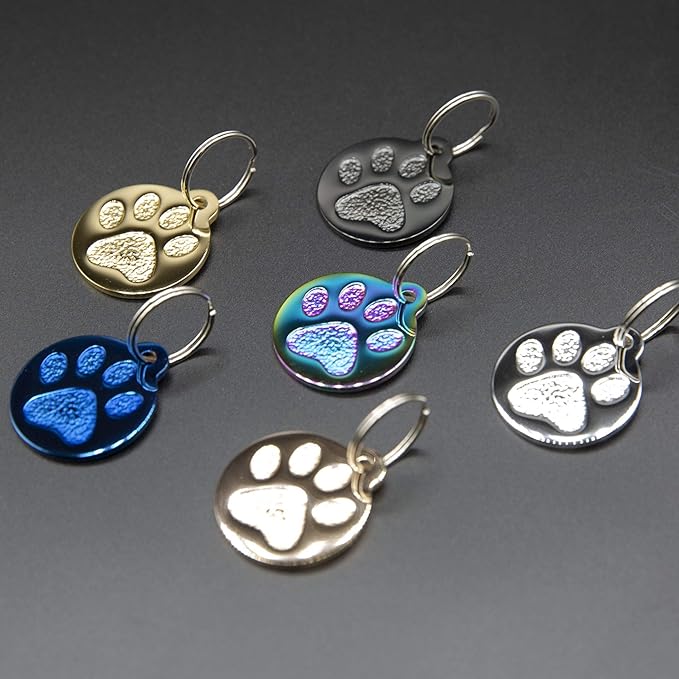 Engraved Pet Tag for Dogs and Cats - Personalized Front & Back up to 4 Lines of Text Custom Engraved ID, Round Paw Print Solid Plating Stainless Steel Blue Regular