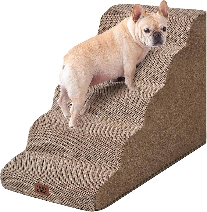 EHEYCIGA Curved Dog Stairs Ramp for High Beds, 5-Step Extra Wide Dog Steps for Small Dogs and Cats, Pet Stairs for High Bed Climbing, Non-Slip Balanced Pet Step Indoor, Camel