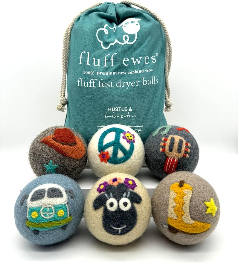 Fluff Ewes Wool Dryer Balls 6 Pack Premium New Zealand Wool Laundry Balls for Dryer, No Static Dryer Balls Laundry Reusable, XL Wool Dryer Balls Cute, Baby Dryer Balls for Dryers - Fluff Fest