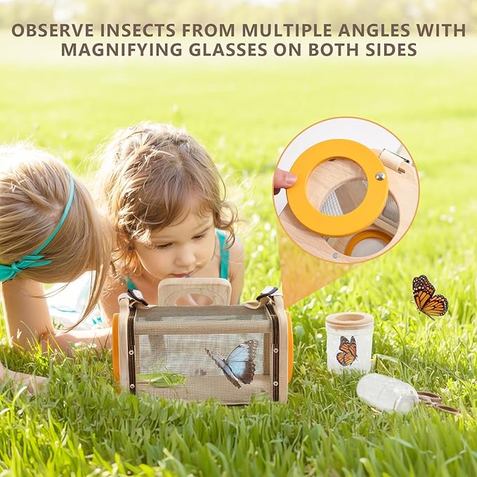 Wooden Bug Catcher for Kids, 8-in-1 Insect Exploration Set with Butterfly Net, Magnifying Glass, Bug Habitat, Tweezers, Compass,Outside Toys for Toddlers