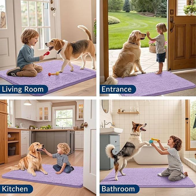 Smiry Dog Door Mat for Muddy Paws 30x20, Absorbs Moisture and Dirt Doormat, Non-Slip Washable Quick Dry Chenille Front Door Mat Indoor Entrance, Entryway Carpet for Inside Floor, Lavender