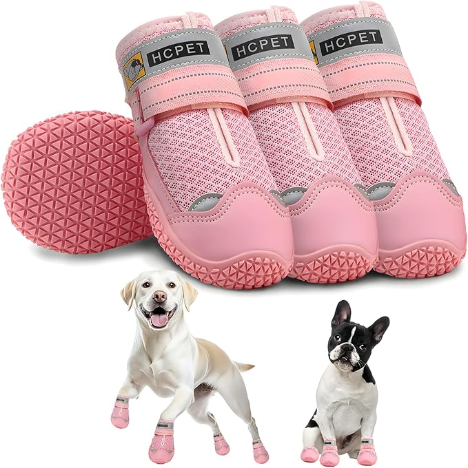 Hcpet Dog Shoes for Large Dogs, Breathable Dog Booties for Small Medium Dogs, Anti-Slip Dog Boots & Paw Protectors for Hot Pavement Winter Snow Hiking with Reflective Straps Pink Size 1