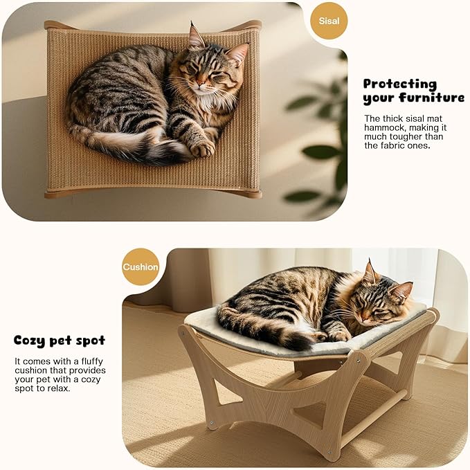 Cat Hammock Bed, Wooden Elevated Cat Beds with Natural Sisal Scratching Mat, Cats Scratcher Bed with Removable Soft Cushion, Cats Scratching Beds with Wood Frames, 22" L x 17.7" W