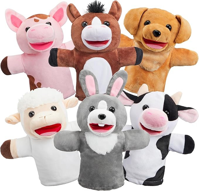 JOYIN 6Pcs Kids Hand Puppet Set with Working Mouth, Toddler Animal Plush Toy Includes Pig, Sheep, Dairy Cow, Dog, Goat, and Horse for Show Theater, Birthday Gifts for Boys Girls, Gifts for Christmas