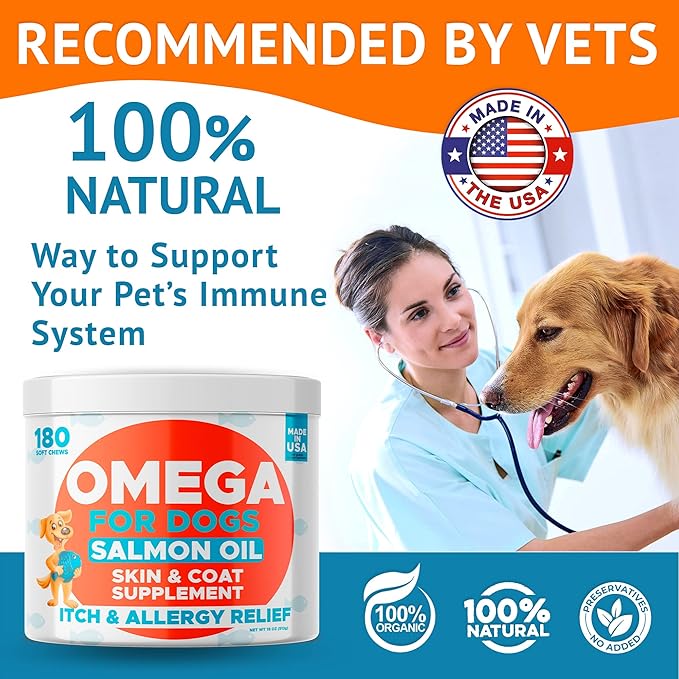 Omega 3 Fish Oil for Dogs Bundle - Skin&Coat Chews - Dry&Itchy Skin Relief + Allergy Support - EPA&DHA Fatty Acids - Natural Salmon Oil Chews Promotes Heart, Hip&Joint Support -360 Chews - Made in USA