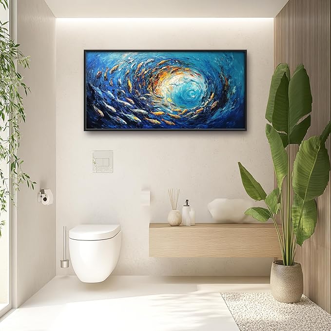 Extra Large Framed Abstract Ocean Fish Wall Art,Oversized Blue Sea Nautical Fish Wall Decor Pictures for Living Room,Canvas Print Painting Modern Artwork Bedroom Office Bathroom Home Decor 60L x30W