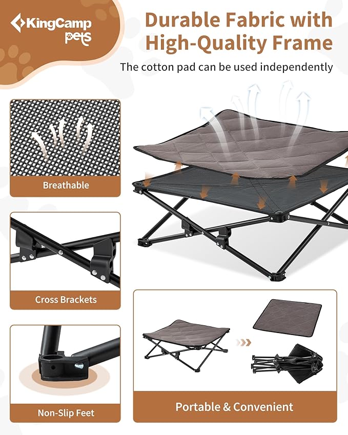 KingCamp Elevated Dog Bed for Small Dogs, Raised Outdoor Indoor Portable Cooling Cot Lifted Pet Hammock Off Ground with Washable Breathable Mesh & Frame with Non Slip Foot for Camping Backyard, Black