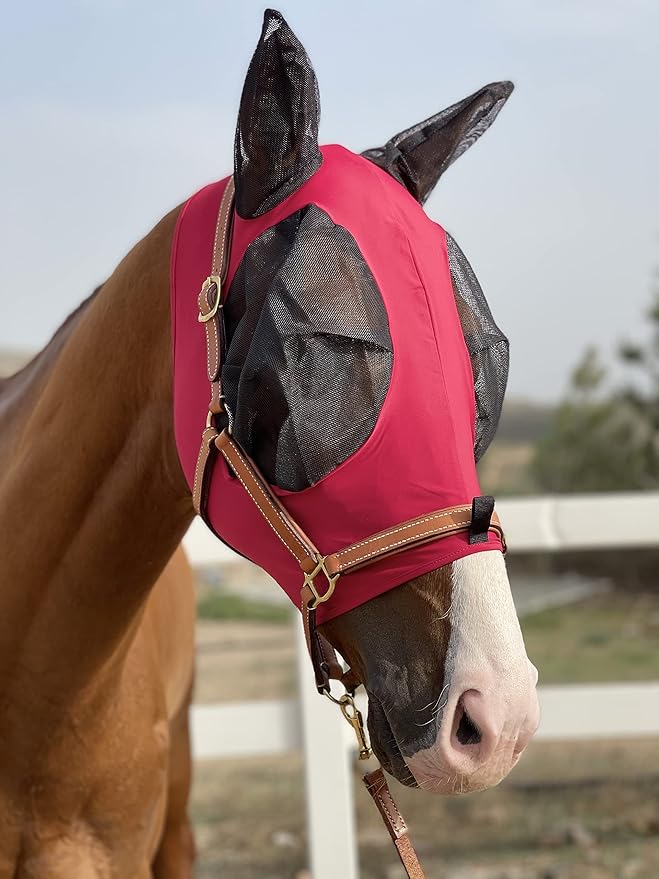 Horse Fly Mask Super Comfort Horse Fly Mask Elasticity Fly Mask with Ears We Only Make Products That Horses Like… (Burgundy, M)