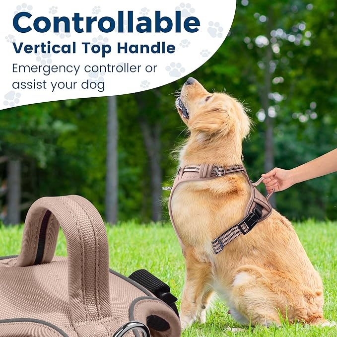 Funfox Dog Harness No Pull, Adjustable Pet Vest Harness, Super Soft Material with Vertical Handle Easy Control, Reflective Night Walking, 2 Leash Clips for XLarge Dogs, Brown, XL