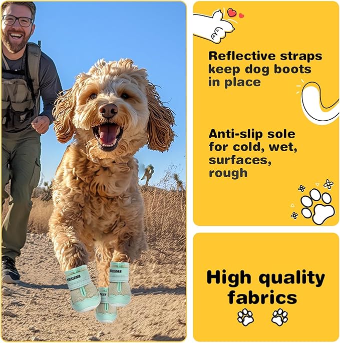 Hcpet Dog Shoes for Large Dogs, Breathable Dog Booties for Small Medium Dogs, Anti-Slip Dog Boots & Paw Protectors for Hot Pavement Winter Snow Hiking with Reflective Straps Green Size 4