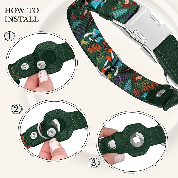 AirTag Dog Collar for Small Medium Large Breed - Adjustable Cute Pattern Dog Collar with Airtag Holder - Soft Leather Tracker GPS Apple Air Tag Pet Collars (Medium, 14"-18" Neck Fit, Mushroom)