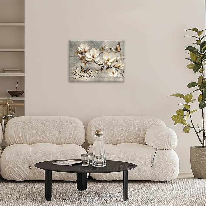 Floral Magnolia Bathroom Pictures Wall Art, Just Breathe Bathroom Wall Decor, Flower Butterfly Framed Painting Canvas Artwork for Bedroom Living Room Decorations 16"L x 12"W