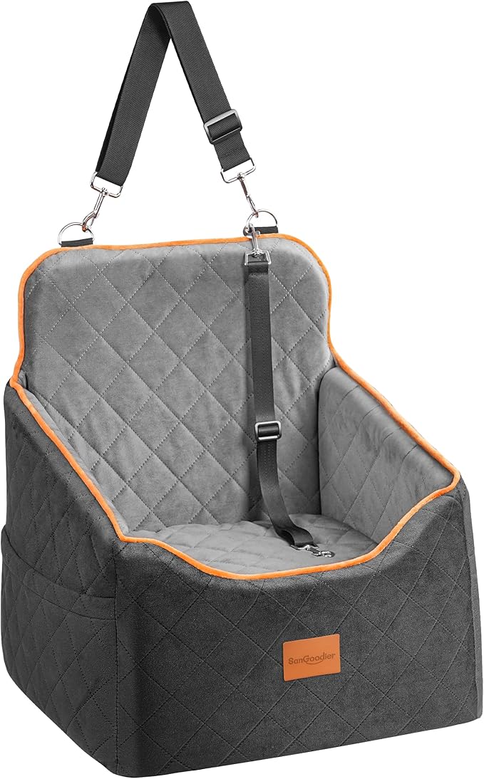 Dog Car Seat for Small Dogs - Puppy Car Seat with Safety Strap & Waterproof Padding, Portable Pet Carrier for Cars, Trucks & SUVs, Comfortable Elevated Bed for Pets Up to 35lbs (Black/Grey)