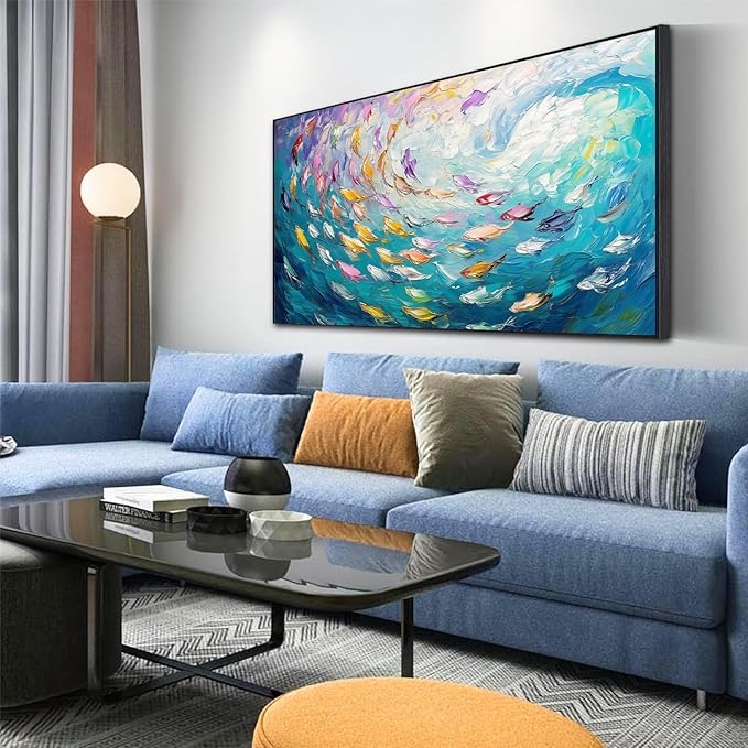 Fish Canvas Wall Art, Abstract School of Fish Canvas Wall Art, School of Fish Painting Canvas, School of Fish Wall Art, Fish Wall Decor, Fish Pictures Wall Decor, Bedroom Canvas Wall Decor (Black Framed, 30"x17" | 76x43cm)