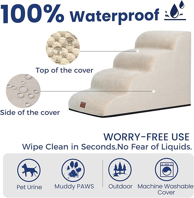 GoGoBunny Waterproof High Density Foam Curved Dog Stairs for High Beds Couches 19.7" H, 4-Step Ramp Dog Steps Friendly to Small Medium Dogs or Pets Joints, Non-Slip Balanced Durable Pet Step, Beige