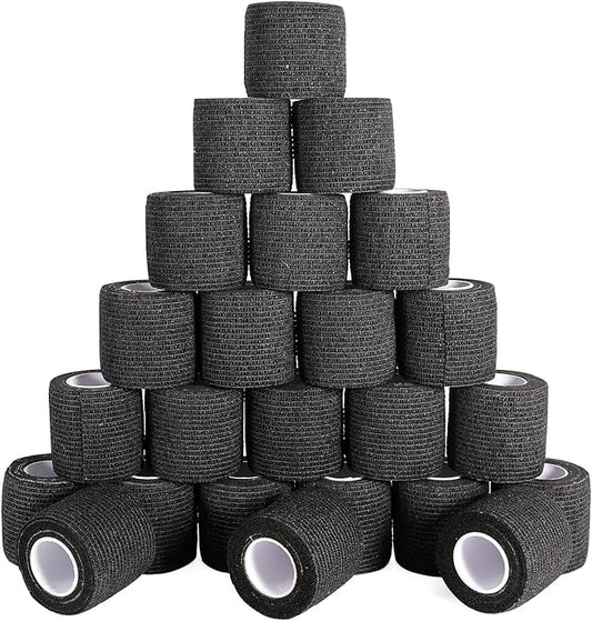 24 Pack Self Adhesive Bandage Wrap, 2” x 5 Yards Elastic Cohesive Bandage Wrap Black Athletic Tape Grip Tape for Ankle, Wrist Sprains, Sports Injuries & Pet First Aid | Medical Sports Tape