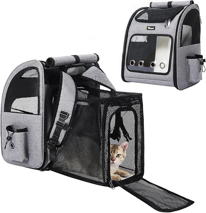 Hoopet Expandable Cat Backpack Carrier – Breathable Pet Carrier for Small Cats & Dogs, Foldable Travel Backpack with Mesh Ventilation for Hiking, Walking, Camping, Light Grey