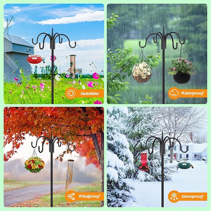 FEED GARDEN 76 Inch Four Shepherd Hooks for Outdoor,Bird Feeder Pole with 5 Prong Base, Adjustable Shepard Hooks for Hanging Plant, Solar Lanterns, Wind Chimes, 2 Pack
