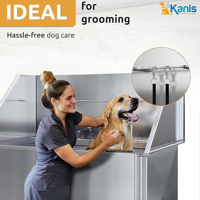 KANIS Professional Dog Washing Station - 304 Stainless Steel Pet Wash Sink & Grooming Bath Tub for Home with Ramp, Shower, Floor Grate, Storage Shelf, Faucet, Drain Kit for Large, Medium & Small Pets
