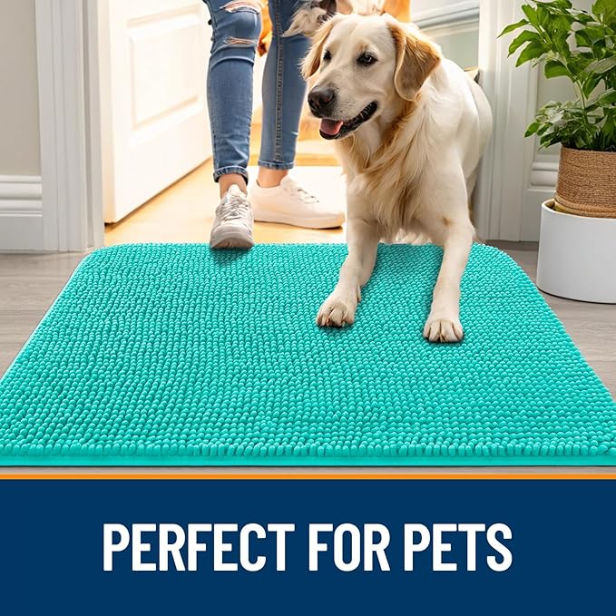 OLANLY Dog Door Mat for Muddy Paws 44x24, Absorbs Moisture and Dirt, Absorbent Non-Slip Washable Doormat, Quick Dry Chenille Mud Mat for Dogs, Entry Indoor Entryway Carpet for Inside Floor, Teal