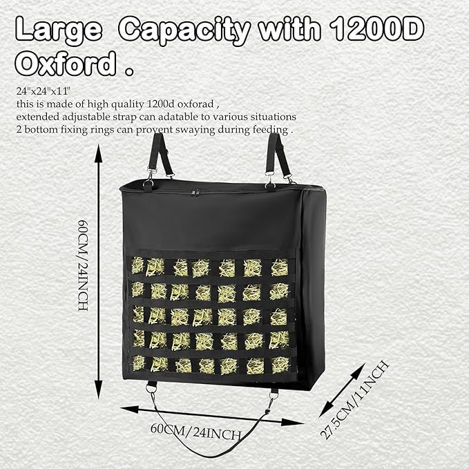1Pcs Hay Bag for Horse,1200D Oxford Fabric Slow Feed Bags with Front Hay Nets Design and Heavy Duty Zipper Large Top Load Feeding Bag for Horses and Livestock,Black