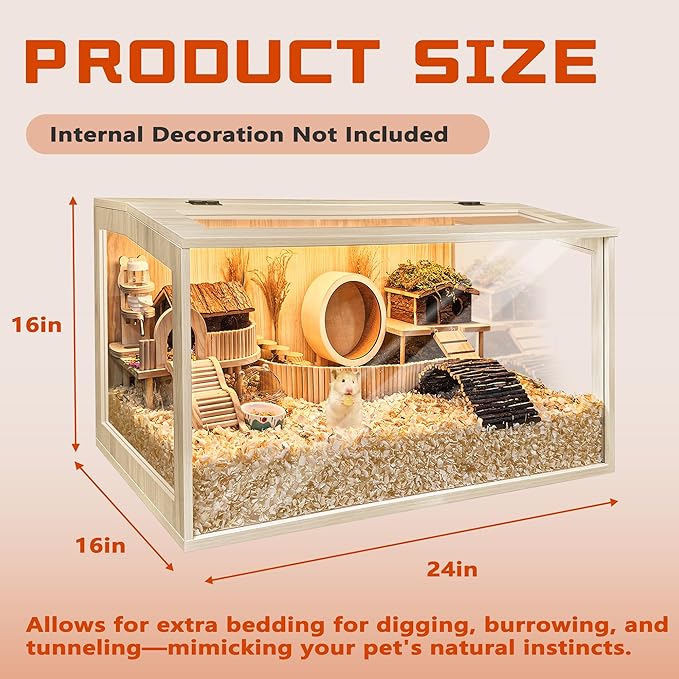 Prolee Hamster Cage Chewproof Wooden 24 Inch Guinea Pig Cages Mice and Rat Habitat Openable Top with Acrylic Sheets Solid Built