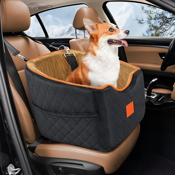 Dog Car Seat for Small Dogs, Memory Foam Booster Dog Seat for Dogs up to 35 lbs, Elevated Pet Car Seat with Washable Removable Cover, Storage Pockets