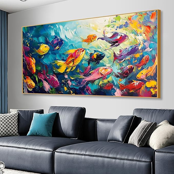 School of Fish Printed Canvas Wall Art – Framed Abstract Ocean Print – Vibrant Fish Wall Decor for Living Room, Bedroom, Office (Black Framed, 31"x15"|80x40cm)