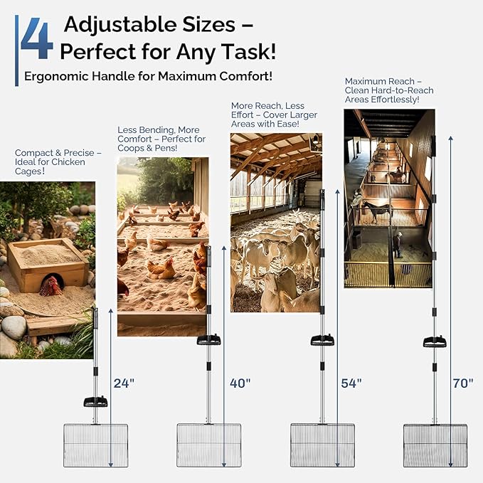 15" Extra-Wide Chicken Poop Scooper – Ergonomic Adjustable Handle (24-70in), Stainless Steel Sifting Shovel Deep Litter Cleaning for Chicken Coops, Goat - Chicken Coop Scoop for Sand, Straw, Hemp