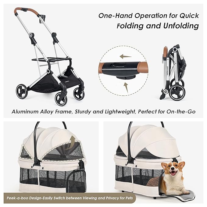 T3 Pro 3-in-1 Small Pet Stroller for Dog & Cats, 4 Wheels with Detachable Carrier with Pad, Canopy and Cup Holder, Beige & Net Wall