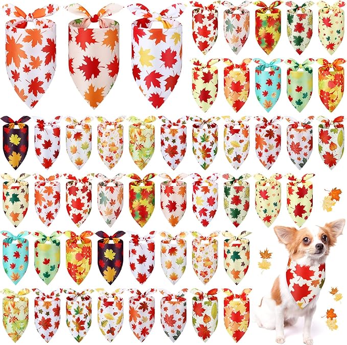 Abbylike 50 Pcs Fall Dog Bandana Bulk Maple Leaves Bandana for Dogs Triangle Kerchief Bibs Scarf for Small Medium Large Pet Autumn Thanksgiving Costume Accessories, 25 Styles (31.5 x 21.7 x 21.7 Inch)