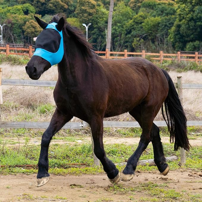 2 Piece Horse Fly Mask with Ears, Comfortable Fit Stretch Fabric Big Eye Space Soft Breathable with UV Protection for Full Horses (Blue-Pink)