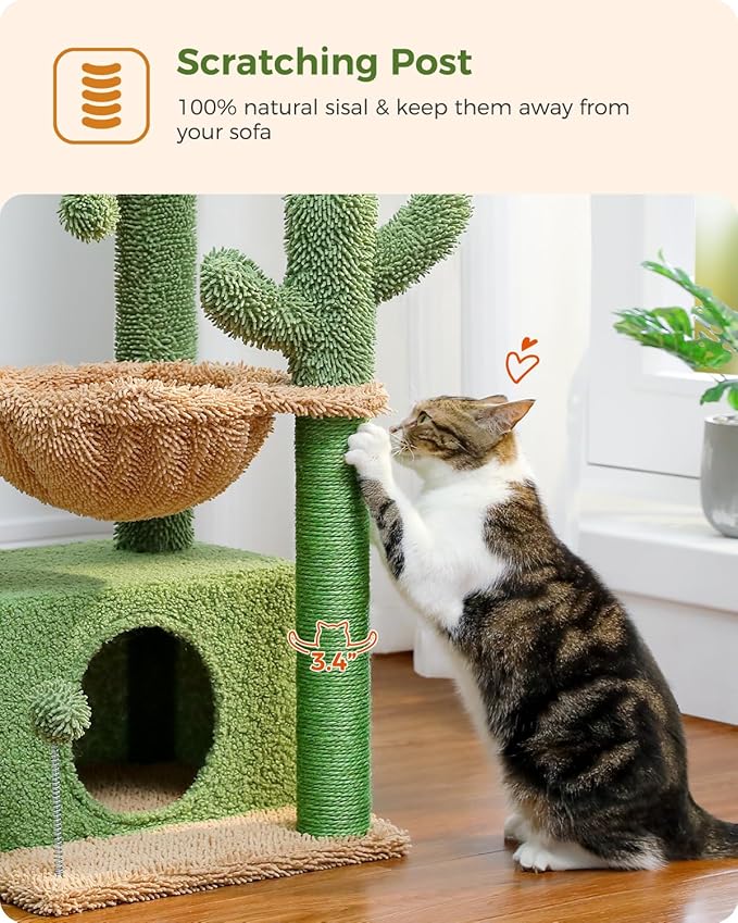 PEQULTI 4-in-1 Cactus Cat Tree, 33'' Cat Tower for Indoor Cats with Large Condo, Cat Scratching Post for Cats with Deep Hammock& Cozy Top Perch,Green
