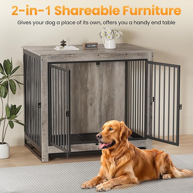Dog Crate Furniture, Large Dog Crate Furniture, Dog Crate End Table for Large and Medium Dogs, Wooden Cage Kennel Furniture Indoor, Modern Dog Crate with Multi-Purpose Removable Tray