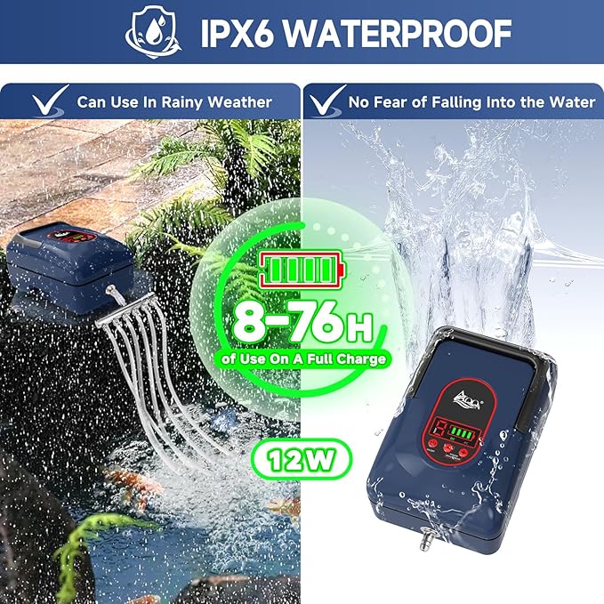 AQQA Aquarium Air Pump,AC/DC Battery Air Pump for Pond Fish Tank,9 Gear Adjustable Air Volume,IPX6 Waterproof Rechargeable Bubbler Aerator for Outdoor Fishing Breed Aquatics (12W)