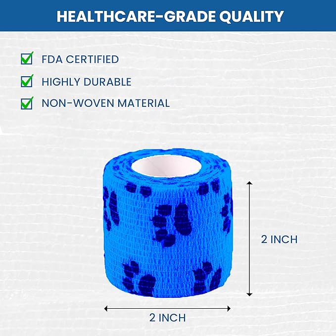 Self Adhesive Bandage Wrap - Pack of 09 Assorted Colors, Breathable & Water-Resistant Vet Wrap for First Aid, Sports Injury, Body Sprains, & Pets (2 Inch Paw Print Multicolor - 09 Pack)