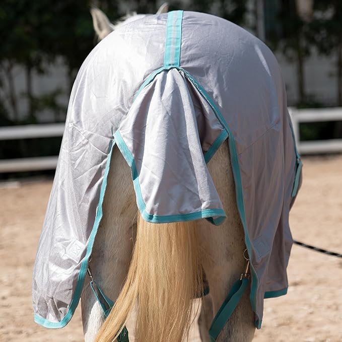 Horse Fly Sheet with Detachable Neck Cover & Belly Wrap, Adjustable Fly Sheet for Horses, Ventilated Airflow Mesh Equine Cooling Summer Flysheet Grey 72