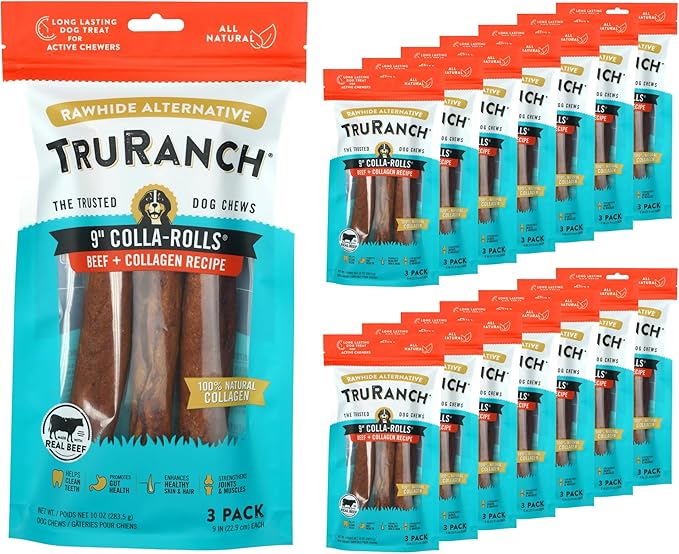 Collagen Rolls - 9" Collagen Rolls for Dogs - Long Lasting Healthy Joint Support - Rawhide Alternative - Skin & Coat Health - Made with Real Beef, Value Pack, 15 Bags, 45 Count