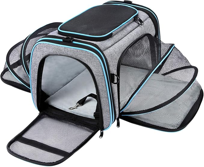Airline Approved Pet Carrier, Large Soft Sided Pet Travel TSA Carrier 4 Sides Expandable Cat Collapsible Carriers with Removable Fleece Pad and Pockets for Cats Dogs and Small Animals