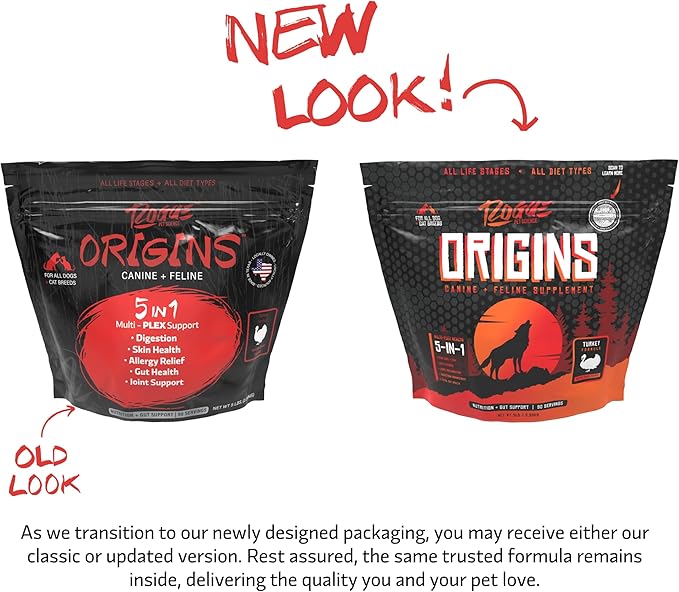 Origins 5-in-1 Dog Supplement - Powdered Food Topper w/Natural Turkey Protein- Supports Healthy Digestion, Skin, and Coat - Helps Reduce Itching & Joint Inflammation (5LB)