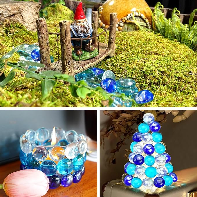 1LB Blue Mix Flat Glass Marbles for Vases, Mancala Stones Gemstone Beads Vase Filler Decorative Glass Pebbles for Fish Tank, DIY Crafts, Aquarium Decor Rocks