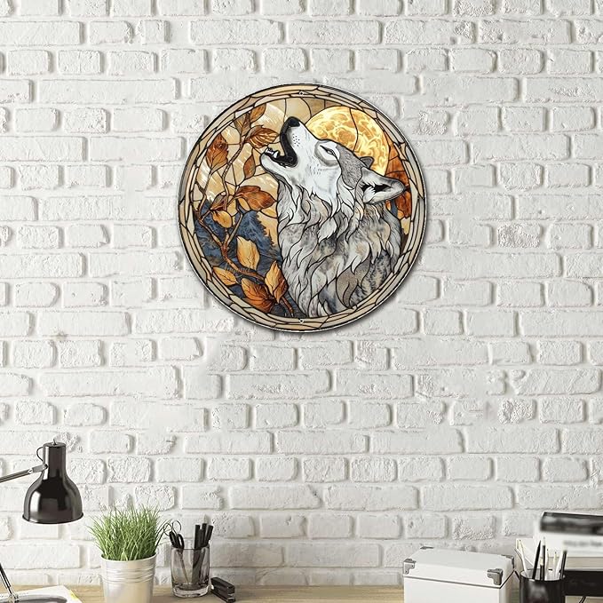 Lygond Metal Sign Tin Sign Circular Stained Glass Gray Wolf Funny Outdoor Decor for Gift 8×8 Inches