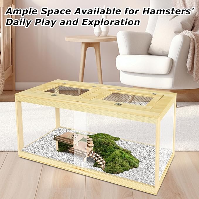 32" Hamster Habitat Enclosure, Lockable Sliding Door Gerbil Cage, Dwarf Hamster Cage with Metal Mesh Roof, Chewproof Syrian Hamster Cage for Mice, Small Animal, (Wooden, 32" L x 16" W x 16" H)
